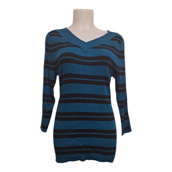 United States Sweaters XL V-Neck Pullover Turquoise Blue Black Striped Stretch - Picture 2 of 16